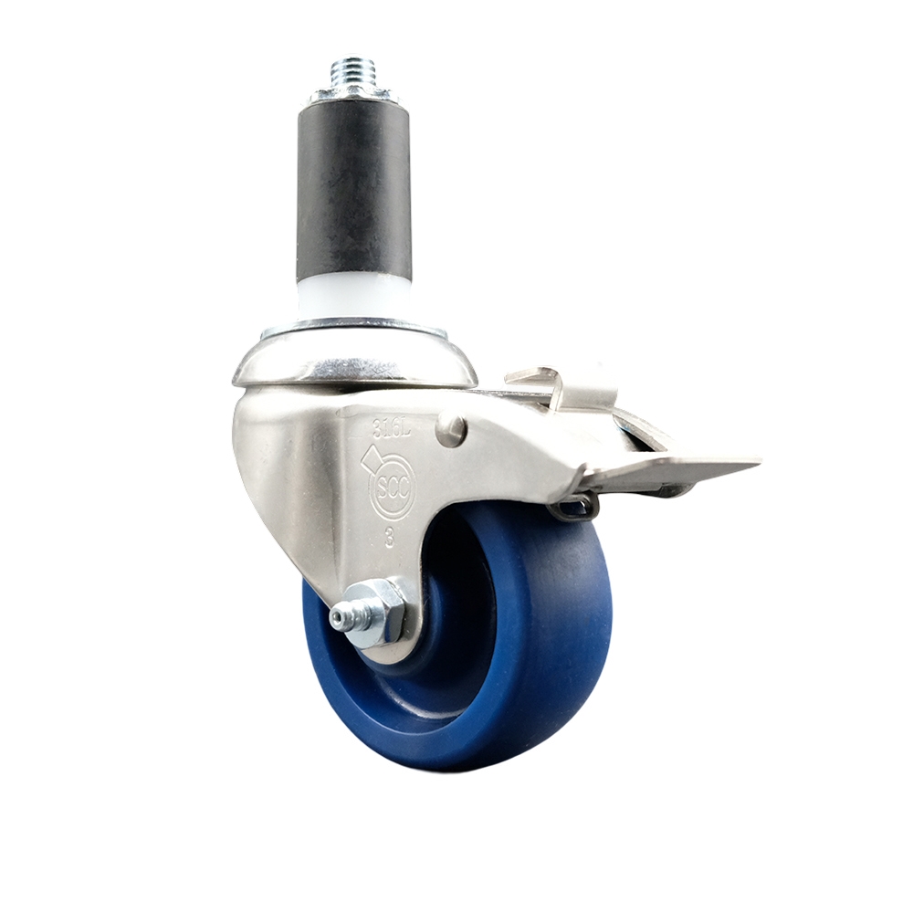 Solid Polyurethane Swivel Stem Caster with 3 Inch Blue Caster Wheel and Total Lock Brake - 1-1/4" Expanding Stem - 316 Stainless Steel Caster - 300 lbs. Capacity Per Caster - Service Caster Brand — photo 1