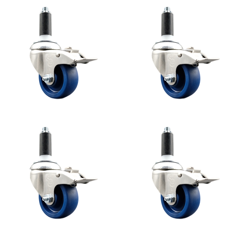 Solid Polyurethane Swivel Stem Caster Set of 4 with 3.5 Inch Blue Caster Wheels-1-1/8" Expanding Stems-316 Stainless Steel Casters-Includes 4 Swivel Casters with Total Lock Brakes-Service Caster Brand — photo 1