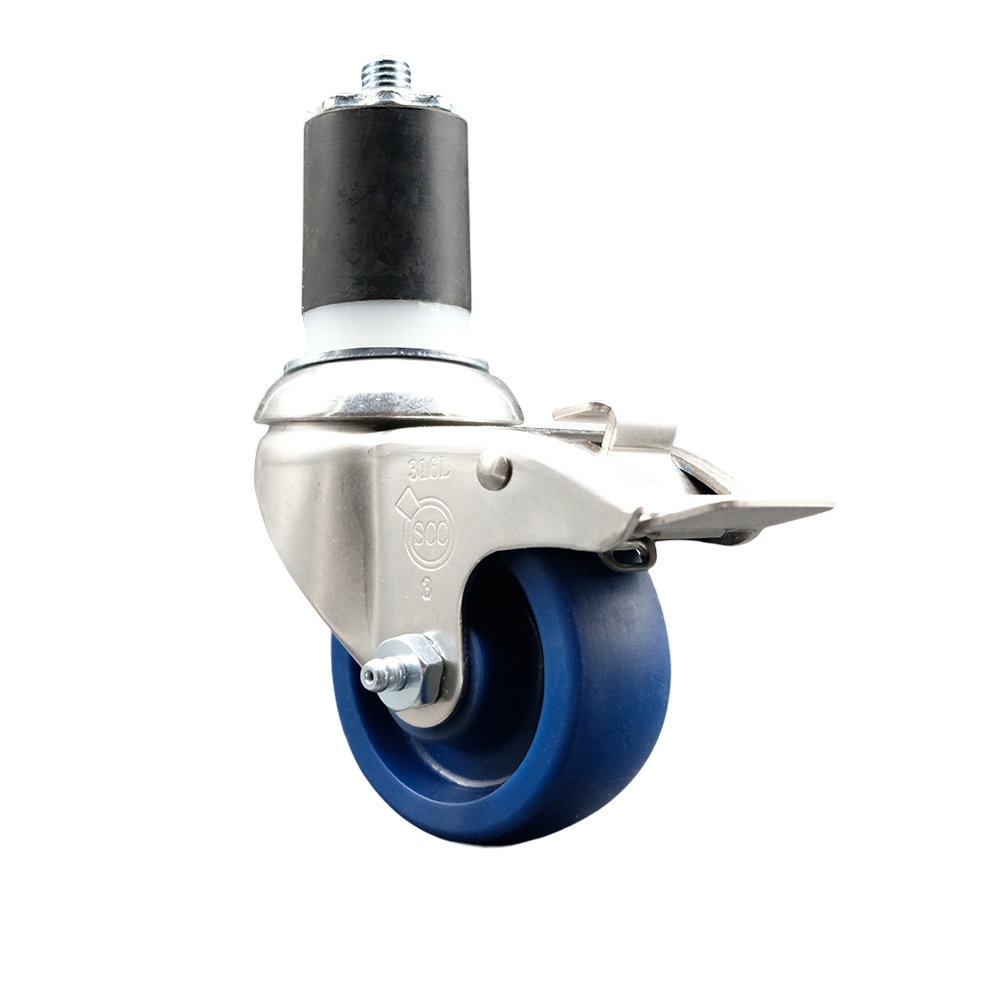 Solid Polyurethane Swivel Stem Caster with 3.5 Inch Blue Caster Wheel and Total Lock Brake - 1-3/4" Expanding Stem - 316 Stainless Steel Caster - 300 lbs. Capacity Per Caster - Service Caster Brand — photo 1
