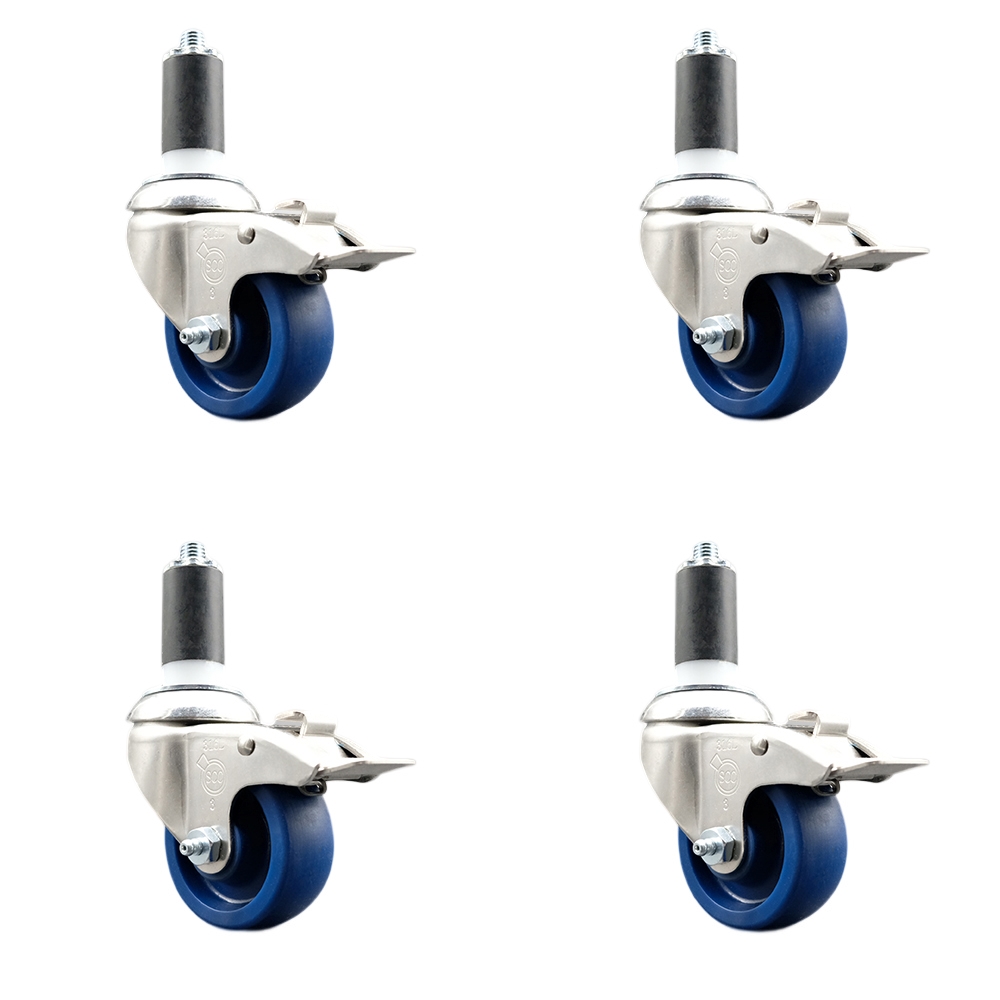 Solid Polyurethane Swivel Stem Caster Set of 4 with 3.5 Inch Blue Caster Wheels-1-3/8" Expanding Stems-316 Stainless Steel Casters-Includes 4 Swivel Casters with Total Lock Brakes-Service Caster Brand — photo 1