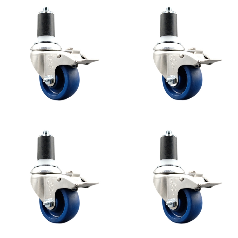 Solid Polyurethane Swivel Stem Caster Set of 4 with 3 Inch Blue Caster Wheels - 1-5/8" Expanding Stems-316 Stainless Steel Casters-Includes 4 Swivel Casters with Total Lock Brakes-Service Caster Brand — photo 1