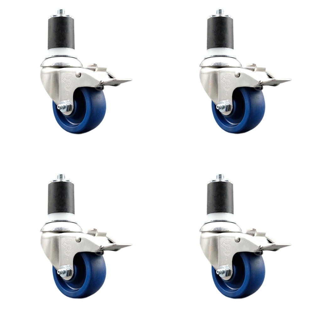 Solid Polyurethane Swivel Stem Caster Set of 4 with 3.5 Inch Blue Caster Wheels-1-7/8" Expanding Stems-316 Stainless Steel Casters-Includes 4 Swivel Casters with Total Lock Brakes-Service Caster Brand — photo 1