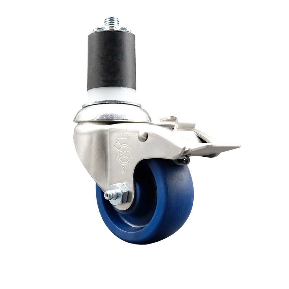 Solid Polyurethane Swivel Stem Caster with 3.5 Inch Blue Caster Wheel and Total Lock Brake - 1-7/8" Expanding Stem - 316 Stainless Steel Caster - 300 lbs. Capacity Per Caster - Service Caster Brand — photo 1