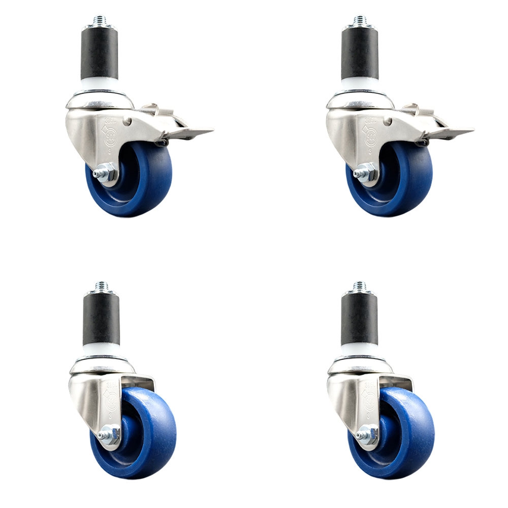 Solid Poly Swivel Stem Caster Set of 4 with 3.5 Inch Blue Caster Wheels - 1-1/2" Expanding Stem - 316 Stainless Steel Casters-Includes 2 Swivel with Total Lock Brakes and 2 Swivel-Service Caster Brand — photo 1
