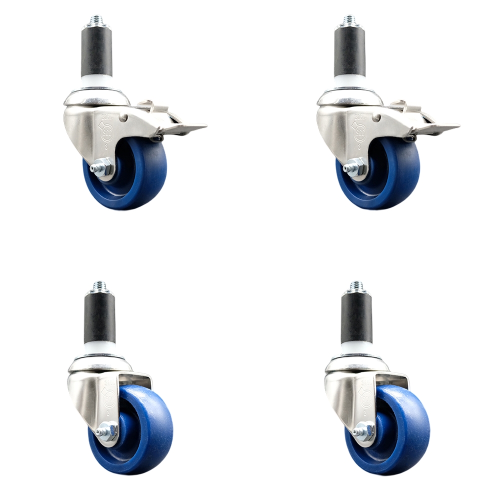 Solid Poly Swivel Stem Caster Set of 4 with 3 Inch Blue Caster Wheels - 1-1/4" Expanding Stem - 316 Stainless Steel Casters - Includes 2 Swivel with Total Lock Brakes and 2 Swivel-Service Caster Brand — photo 1