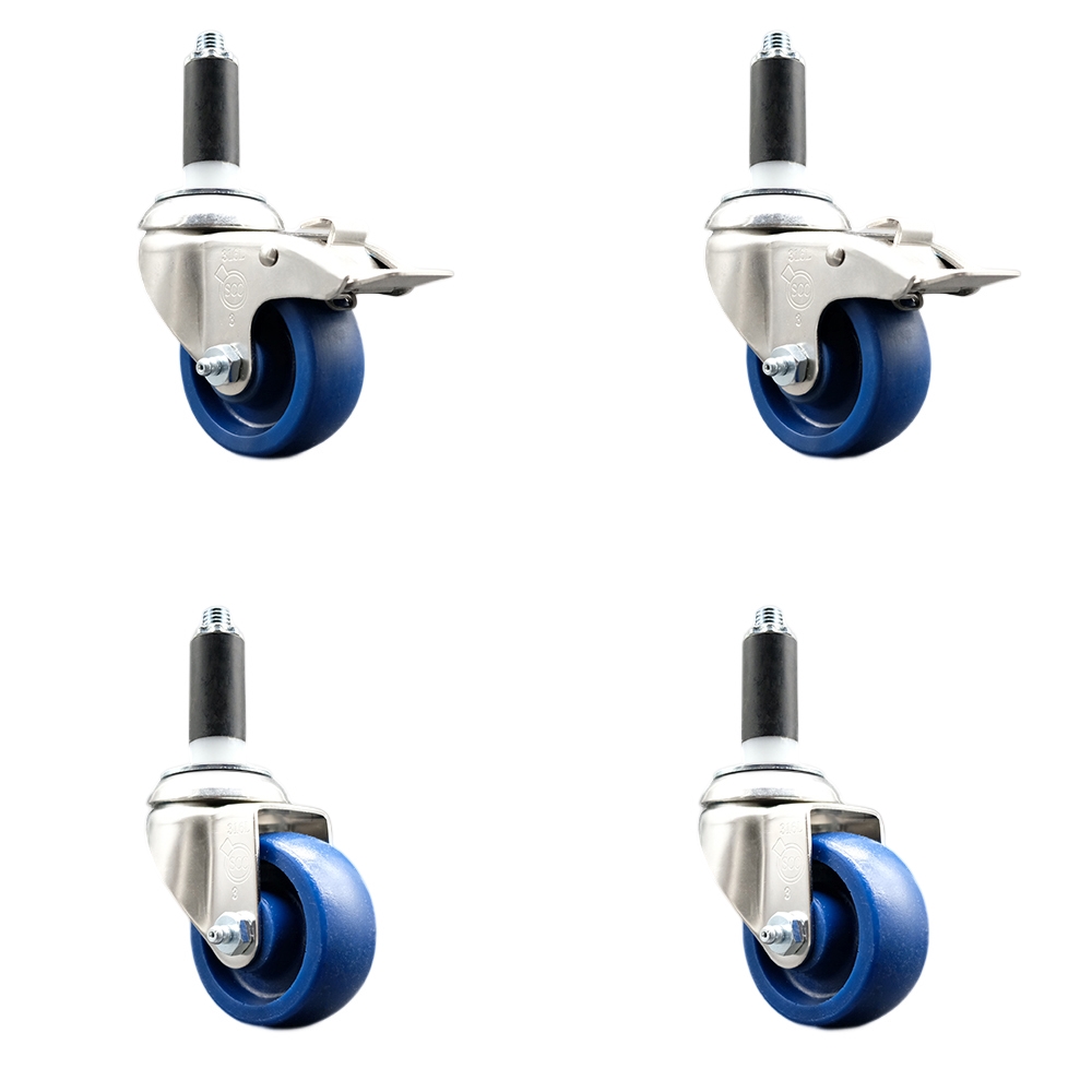 Solid Poly Swivel Stem Caster Set of 4 with 3.5 Inch Blue Caster Wheels - 1-1/8" Expanding Stem - 316 Stainless Steel Casters-Includes 2 Swivel with Total Lock Brakes and 2 Swivel-Service Caster Brand — photo 1
