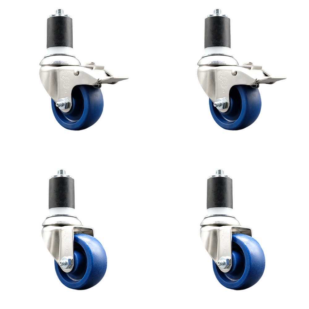 Solid Poly Swivel Stem Caster Set of 4 with 3 Inch Blue Caster Wheels - 1-3/4" Expanding Stem - 316 Stainless Steel Casters - Includes 2 Swivel with Total Lock Brakes and 2 Swivel-Service Caster Brand — photo 1