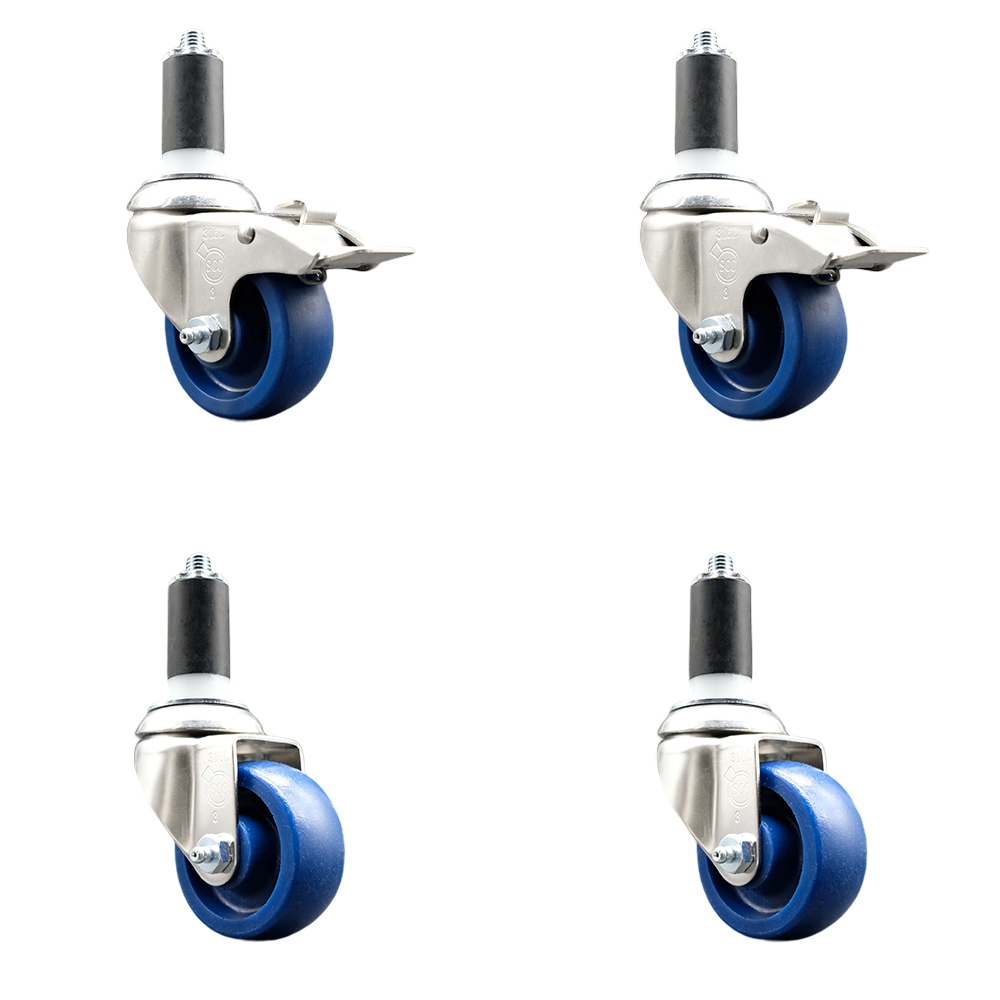 Solid Poly Swivel Stem Caster Set of 4 with 3.5 Inch Blue Caster Wheels - 1-3/8" Expanding Stem - 316 Stainless Steel Casters-Includes 2 Swivel with Total Lock Brakes and 2 Swivel-Service Caster Brand — photo 1