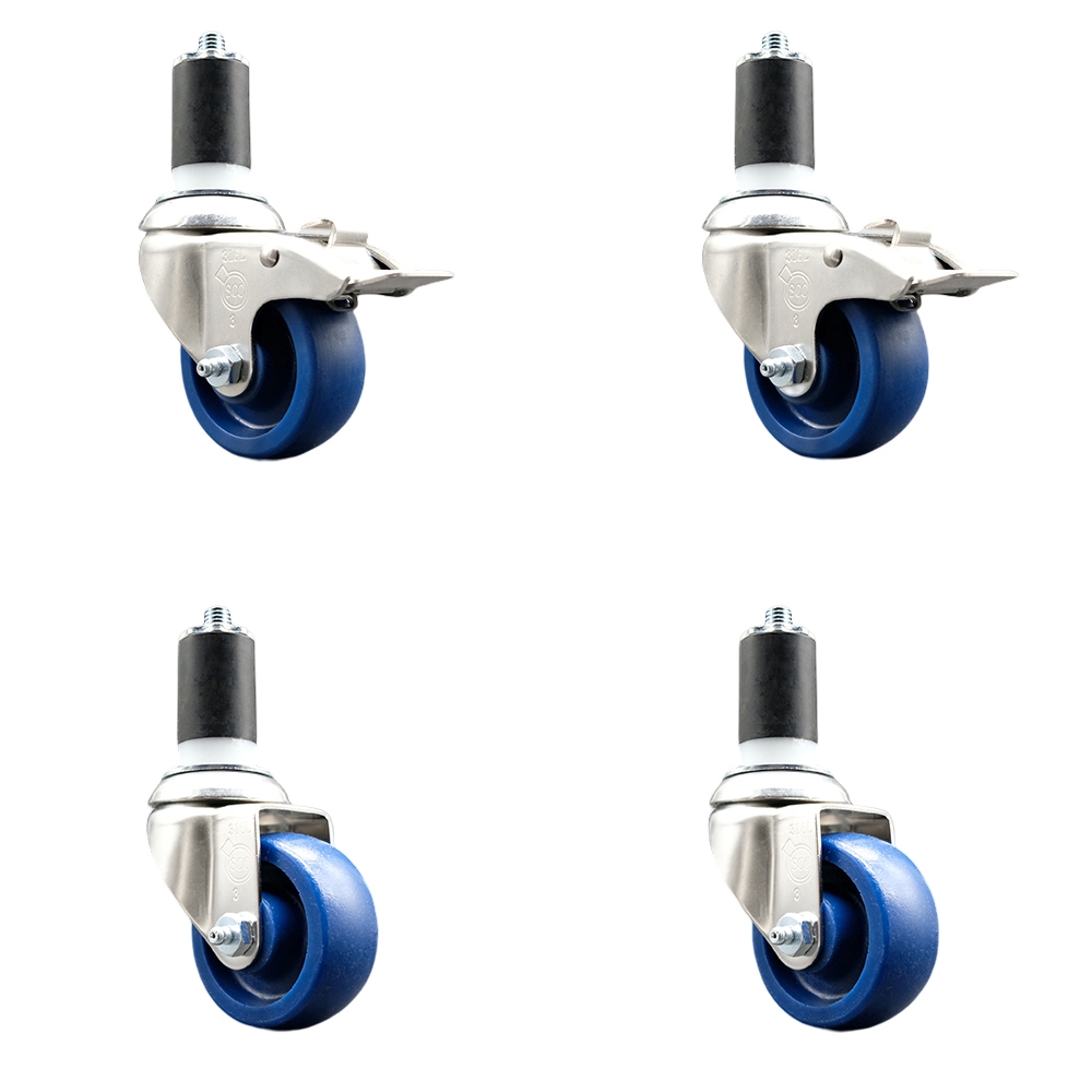 Solid Poly Swivel Stem Caster Set of 4 with 3.5 Inch Blue Caster Wheels - 1-5/8" Expanding Stem - 316 Stainless Steel Casters-Includes 2 Swivel with Total Lock Brakes and 2 Swivel-Service Caster Brand — photo 1