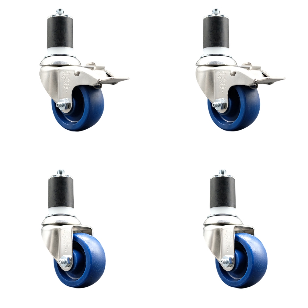Solid Poly Swivel Stem Caster Set of 4 with 3.5 Inch Blue Caster Wheels - 1-7/8" Expanding Stem - 316 Stainless Steel Casters-Includes 2 Swivel with Total Lock Brakes and 2 Swivel-Service Caster Brand — photo 1
