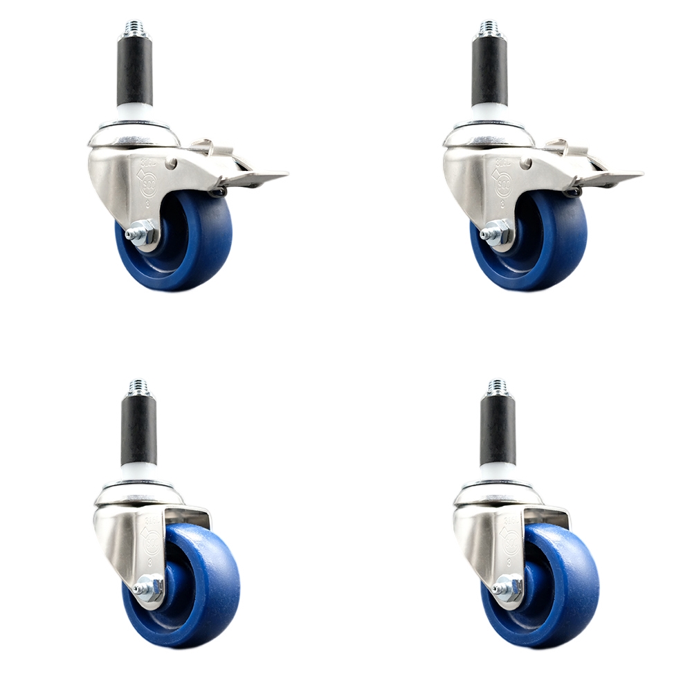 Solid Poly Swivel Stem Caster Set of 4 with 3.5 Inch Blue Caster Wheels - 1" Expanding Stem - 316 Stainless Steel Casters - Includes 2 Swivel with Total Lock Brakes and 2 Swivel - Service Caster Brand — photo 1