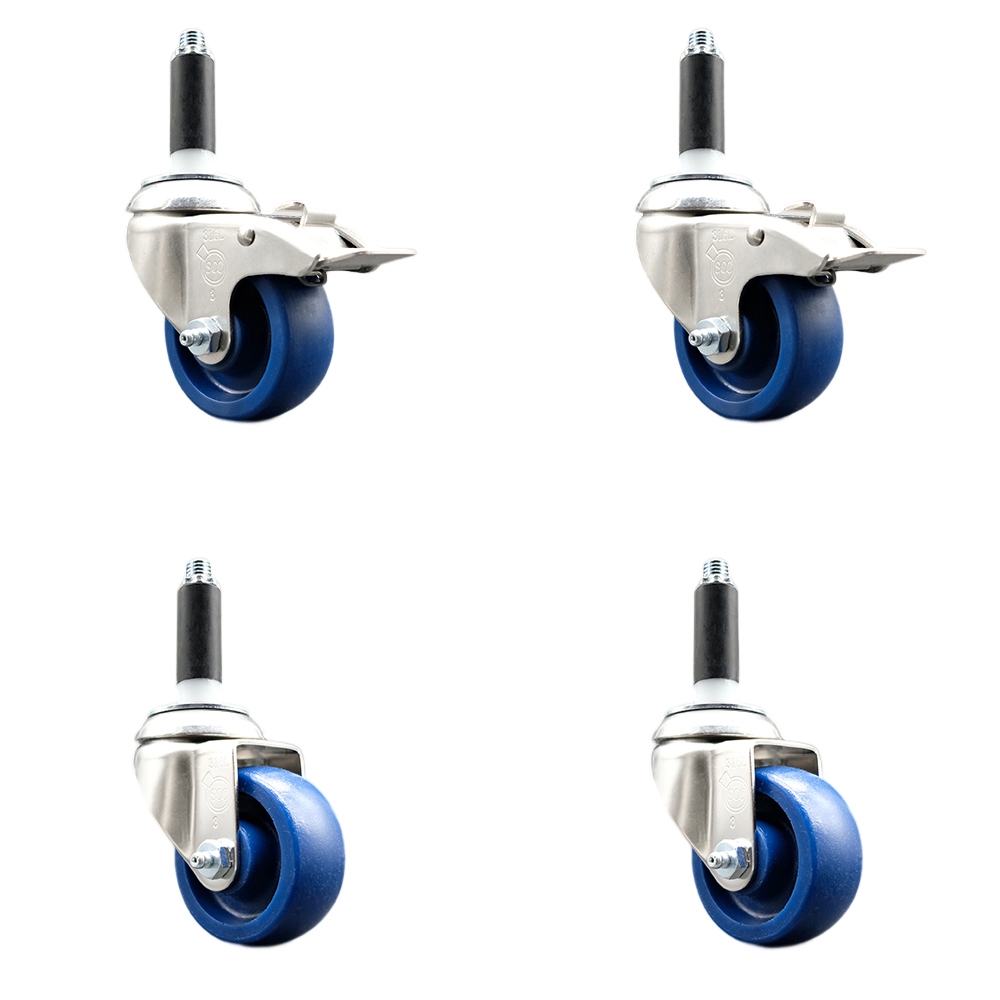 Solid Poly Swivel Stem Caster Set of 4 with 3.5 Inch Blue Caster Wheels - 3/4" Expanding Stem - 316 Stainless Steel Casters - Includes 2 Swivel with Total Lock Brakes and 2 Swivel-Service Caster Brand — photo 1