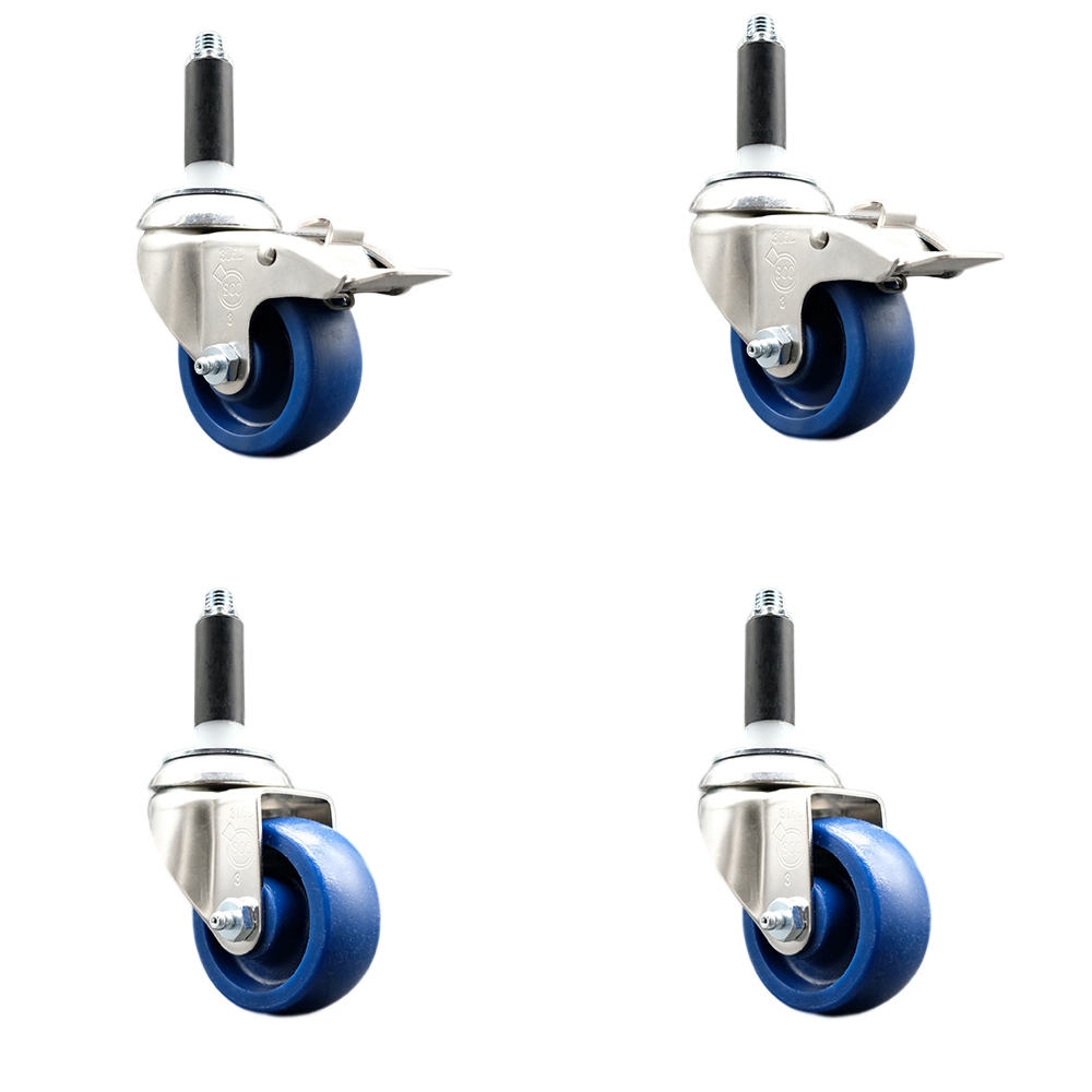 Solid Poly Swivel Stem Caster Set of 4 with 3 Inch Blue Caster Wheels - 7/8" Expanding Stem - 316 Stainless Steel Casters - Includes 2 Swivel with Total Lock Brakes and 2 Swivel - Service Caster Brand — photo 1