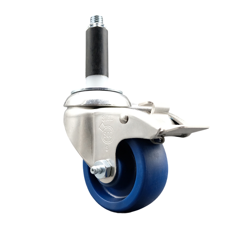 Solid Polyurethane Swivel Stem Caster with 3.5 Inch Blue Caster Wheel and Total Lock Brake - 3/4" Expanding Stem - 316 Stainless Steel Caster - 300 lbs. Capacity Per Caster - Service Caster Brand — photo 1