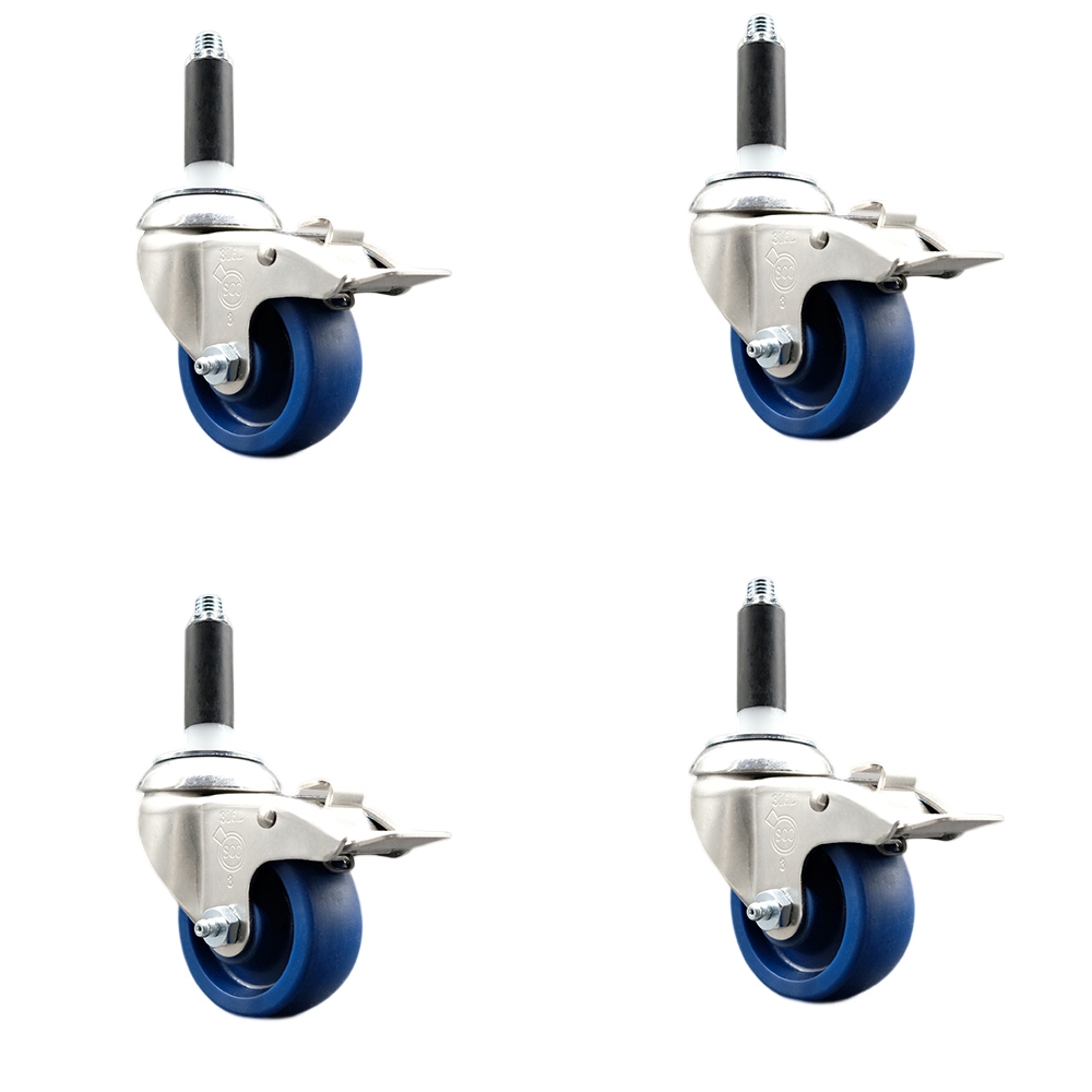 Solid Polyurethane Swivel Stem Caster Set of 4 with 3 Inch Blue Caster Wheels - 7/8" Expanding Stems-316 Stainless Steel Casters - Includes 4 Swivel Casters with Total Lock Brakes-Service Caster Brand — photo 1