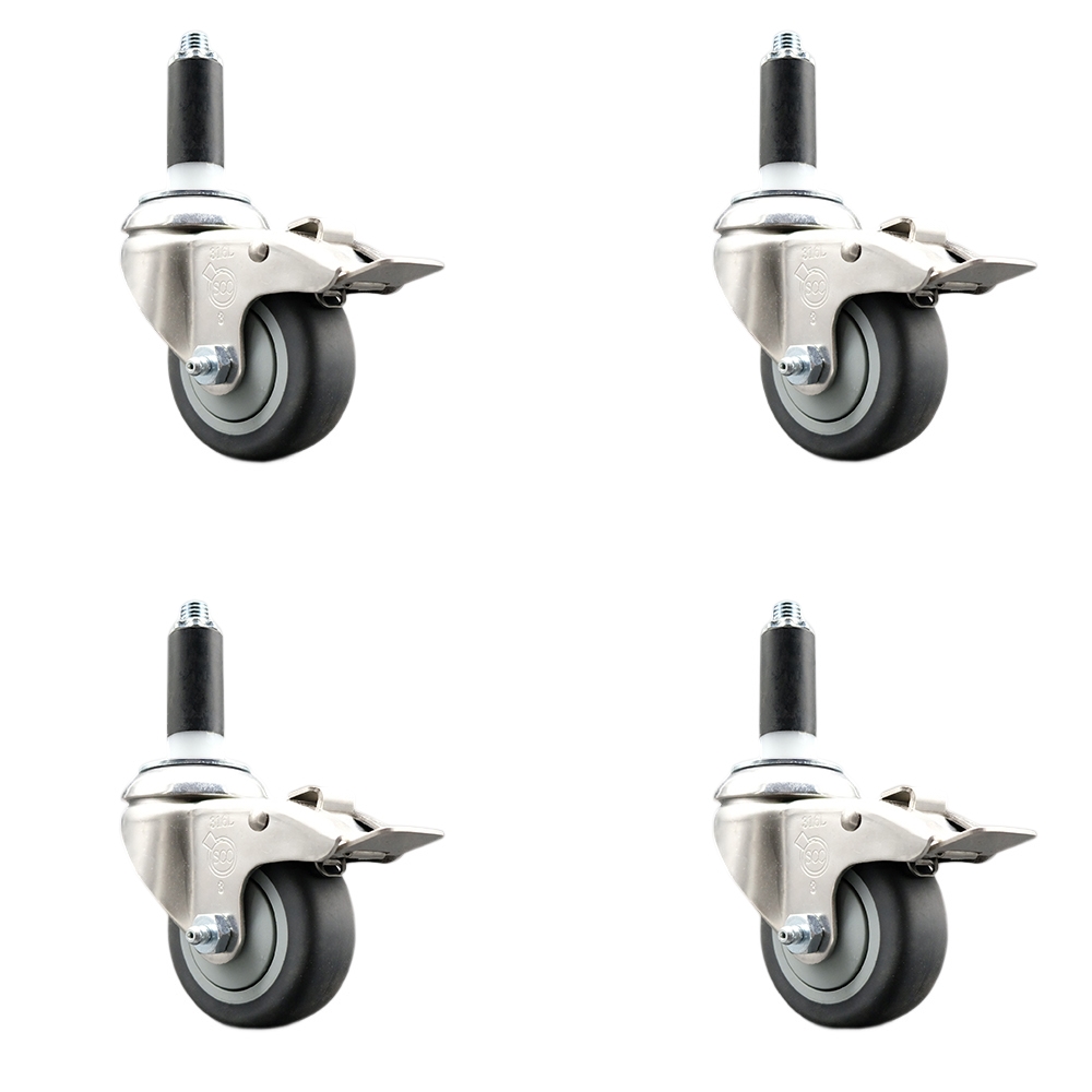 Thermoplastic Rubber Swivel Stem Caster Set of 4 with 3 Inch Caster Wheels - 1-1/8" Expanding Stems - 316 Stainless Steel Casters -Includes 4 Swivel Casters with Total Lock Brakes-Service Caster Brand — photo 1