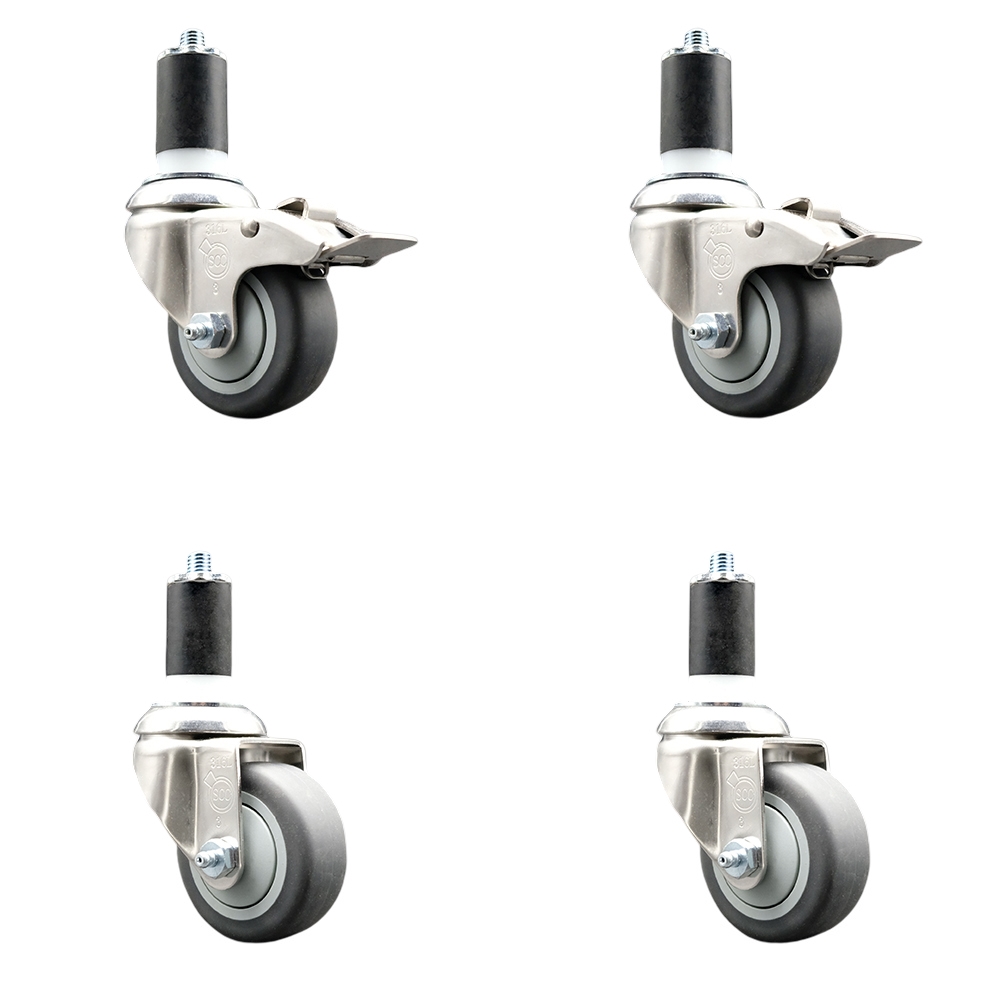 Thermoplastic Rubber Swivel Stem Caster Set of 4 with 3 Inch Caster Wheels- 1-1/2" Expanding Stem-316 Stainless Steel Casters-Includes 2 Swivel with Total Lock Brakes and 2 Swivel-Service Caster Brand — photo 1