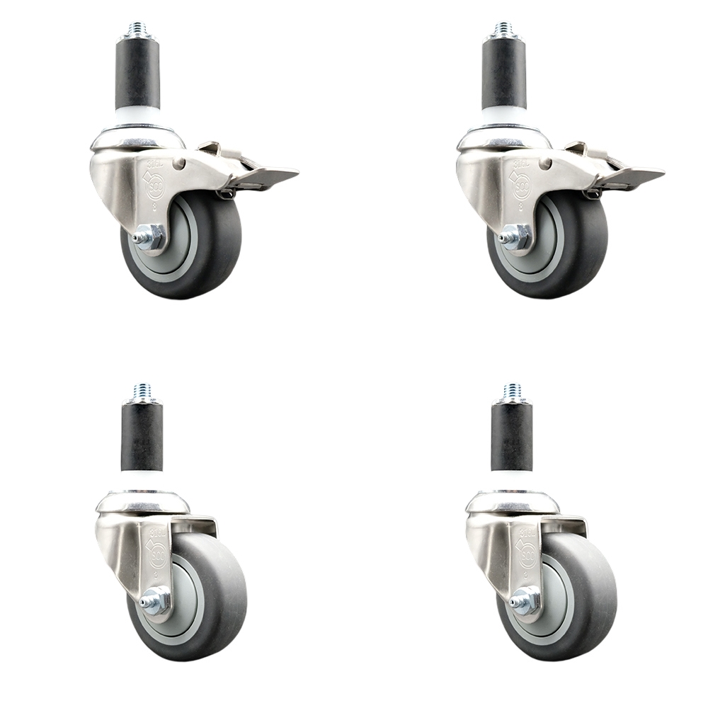Thermoplastic Rubber Swivel Stem Caster Set of 4 with 3.5 Inch Caster Wheels- 1-1/4" Expanding Stem-316 Stainless Steel Casters-Include 2 Swivel with Total Lock Brake and 2 Swivel-Service Caster Brand — photo 1