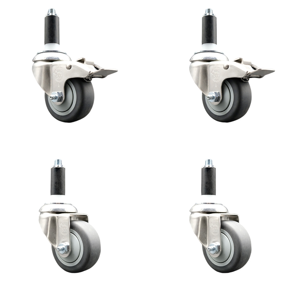 Thermoplastic Rubber Swivel Stem Caster Set of 4 with 3 Inch Caster Wheels- 1-1/8" Expanding Stem-316 Stainless Steel Casters-Includes 2 Swivel with Total Lock Brakes and 2 Swivel-Service Caster Brand — photo 1