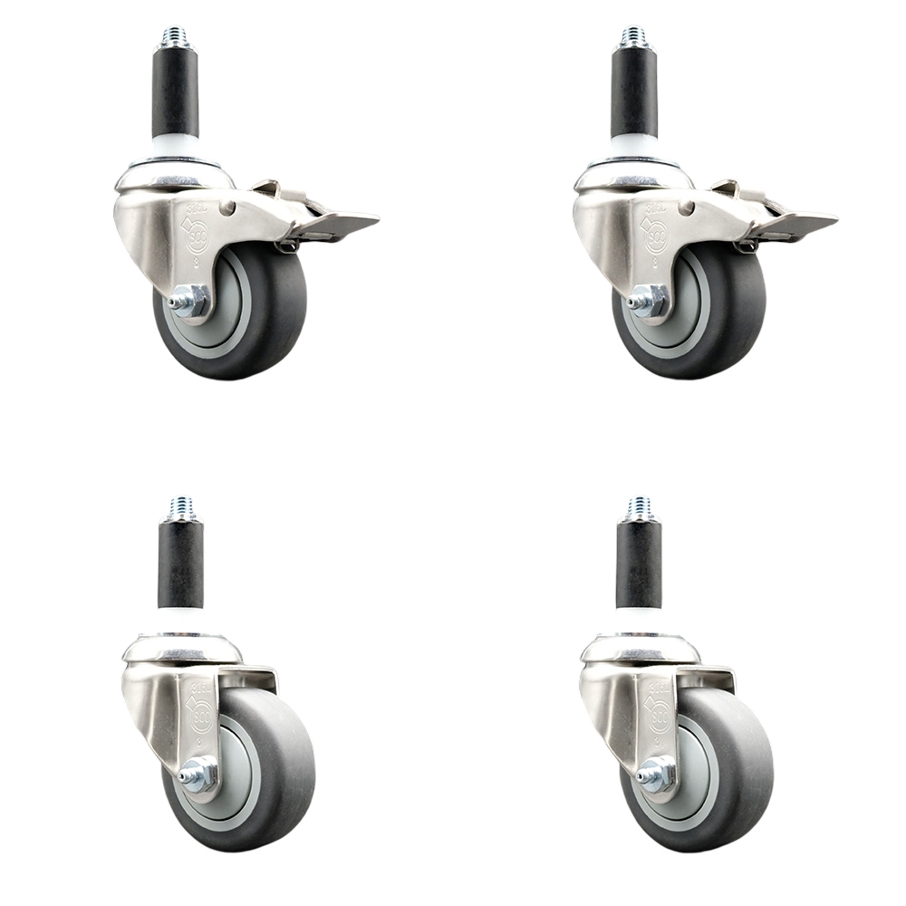 Thermoplastic Rubber Swivel Stem Caster Set of 4 with 3 Inch Caster Wheels- 1" Expanding Stem-316 Stainless Steel Casters - Includes 2 Swivel with Total Lock Brakes and 2 Swivel - Service Caster Brand — photo 1