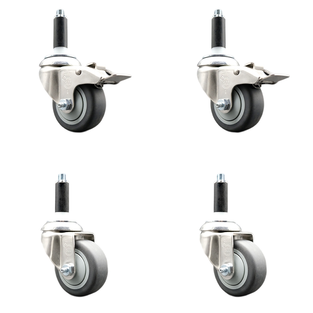Thermoplastic Rubber Swivel Stem Caster Set of 4 with 3 Inch Caster Wheels- 3/4" Expanding Stem-316 Stainless Steel Casters - Includes 2 Swivel with Total Lock Brakes and 2 Swivel-Service Caster Brand — photo 1