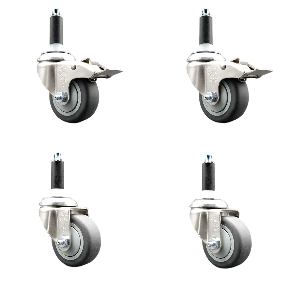 Thermoplastic Rubber Swivel Stem Caster Set of 4 with 3 Inch Caster Wheels- 7/8" Expanding Stem-316 Stainless Steel Casters - Includes 2 Swivel with Total Lock Brakes and 2 Swivel-Service Caster Brand — photo 1