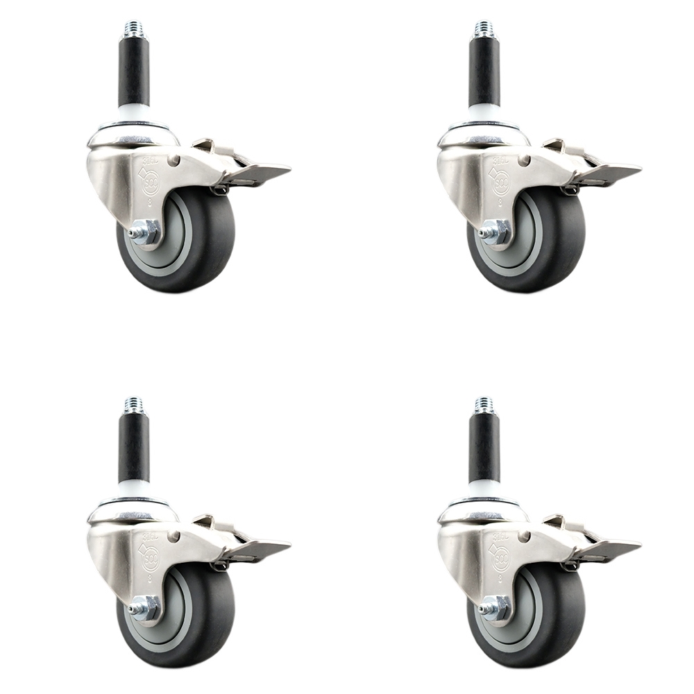 Thermoplastic Rubber Swivel Stem Caster Set of 4 with 3.5 Inch Caster Wheels - 3/4" Expanding Stems - 316 Stainless Steel Casters -Includes 4 Swivel Casters with Total Lock Brakes-Service Caster Brand — photo 1