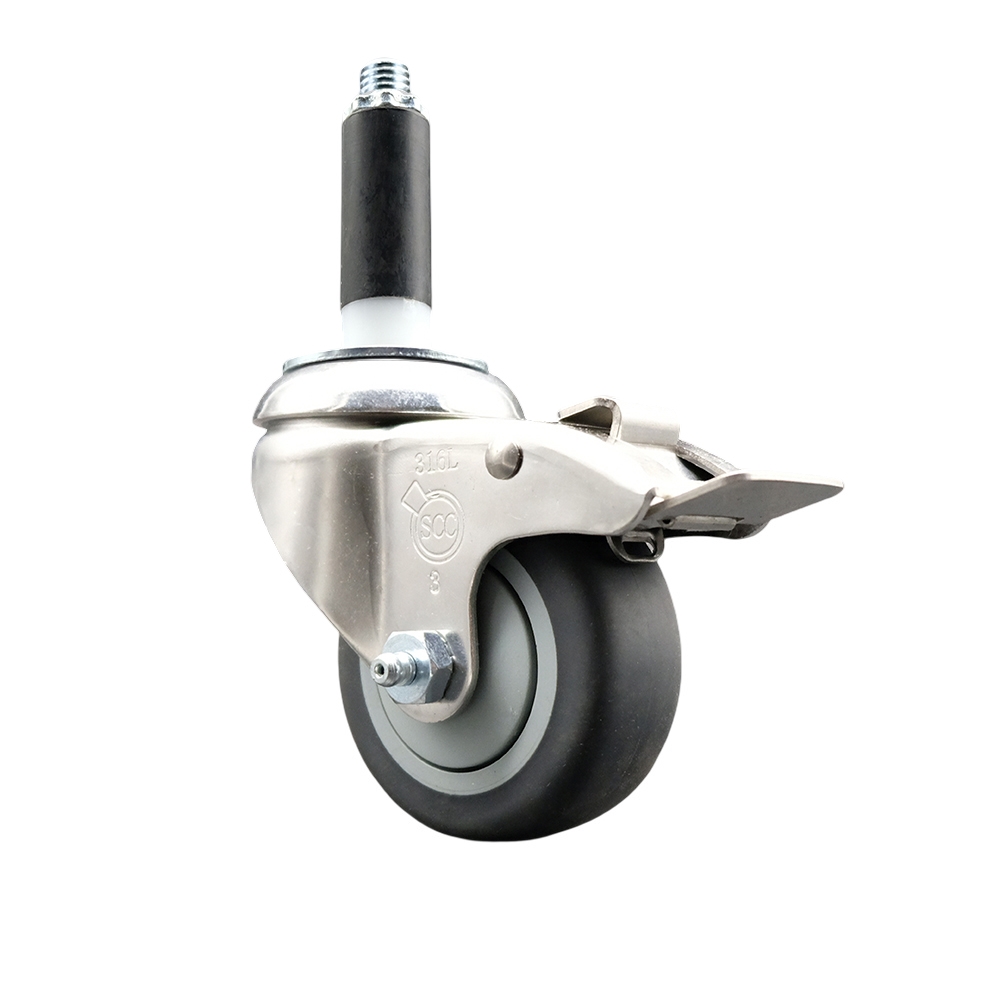 Thermoplastic Rubber Swivel Stem Caster with 3.5 Inch Gray Caster Wheel and Total Lock Brake - 7/8" Expanding Stem - 316 Stainless Steel Caster - 230 lbs. Capacity Per Caster - Service Caster Brand — photo 1