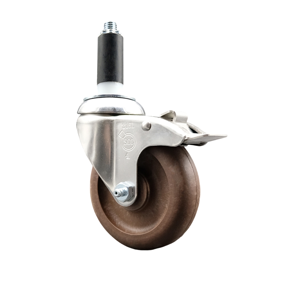 High Temp Glass Filled Nylon Swivel Stem Caster with 4 Inch Brown Caster Wheel and Total Lock Brake - 1-1/8" Expanding Stem-316 Stainless Steel Caster-350 lbs. Capacity Per Caster-Service Caster Brand — photo 1