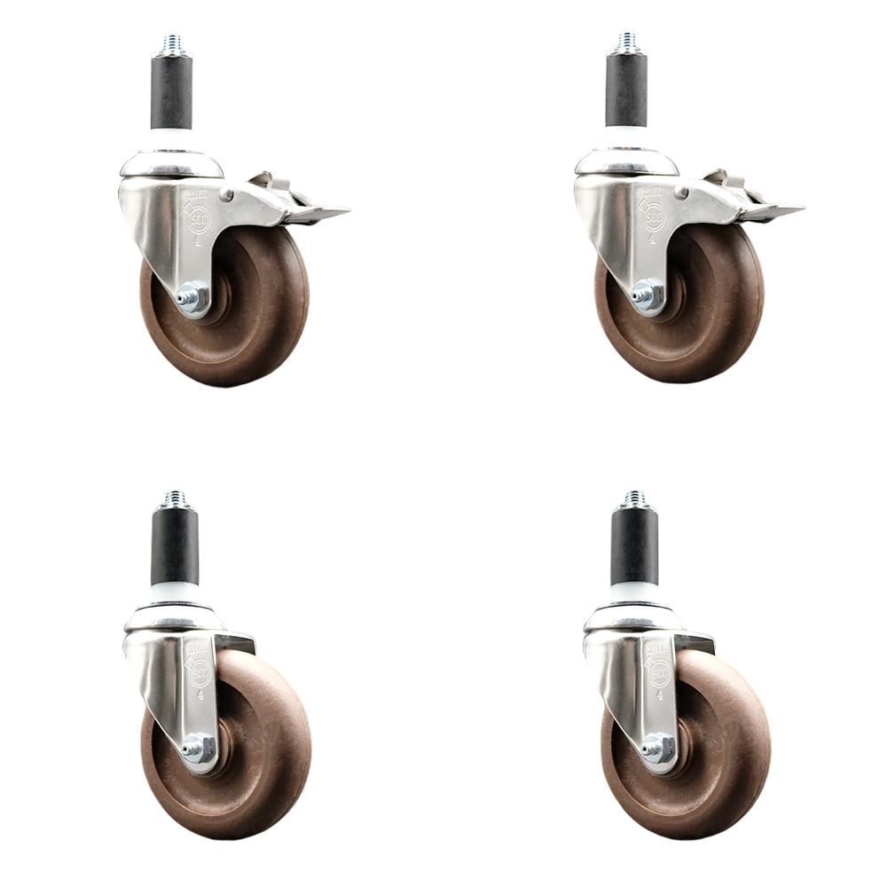 High Temp Glass Filled Nylon Swivel Stem Caster Set of 4 with 4 Inch Caster Wheel-1-1/4" Expanding Stem-316 Stainless Steel Caster-Include 2 Swivel with Total Lock Brake& 2 Swivel-Service Caster Brand — photo 1