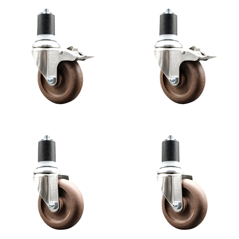 High Temp Glass Filled Nylon Swivel Stem Caster Set of 4 with 4 Inch Caster Wheel-1-3/4" Expanding Stem-316 Stainless Steel Caster-Include 2 Swivel with Total Lock Brake& 2 Swivel-Service Caster Brand — photo 1