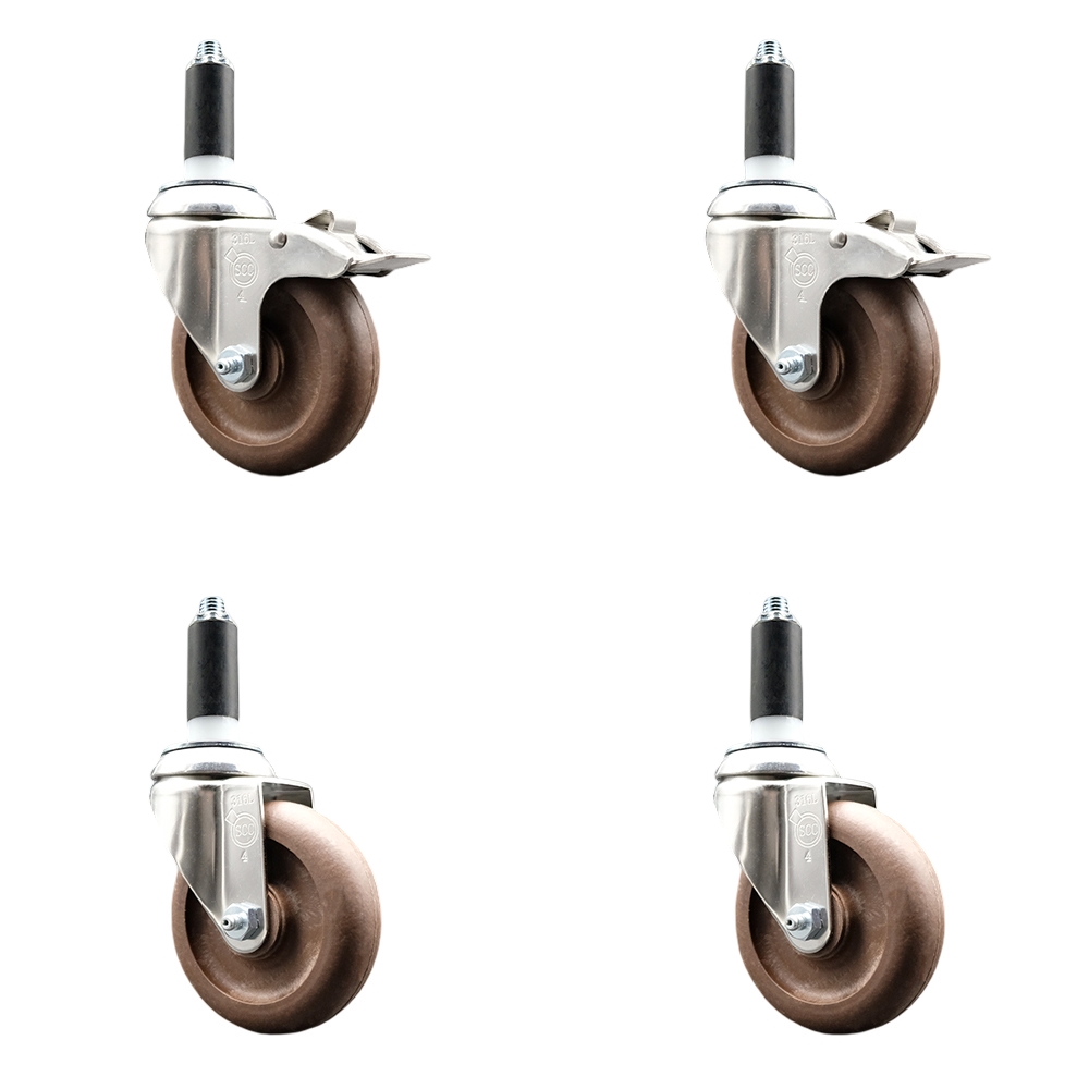 High Temp Glass Filled Nylon Swivel Stem Caster Set of 4 with 4 Inch Caster Wheel-1" Expanding Stems-316 Stainless Steel Casters-Includes 2 Swivel with Total Lock Brakes& 2 Swivel-Service Caster Brand — photo 1
