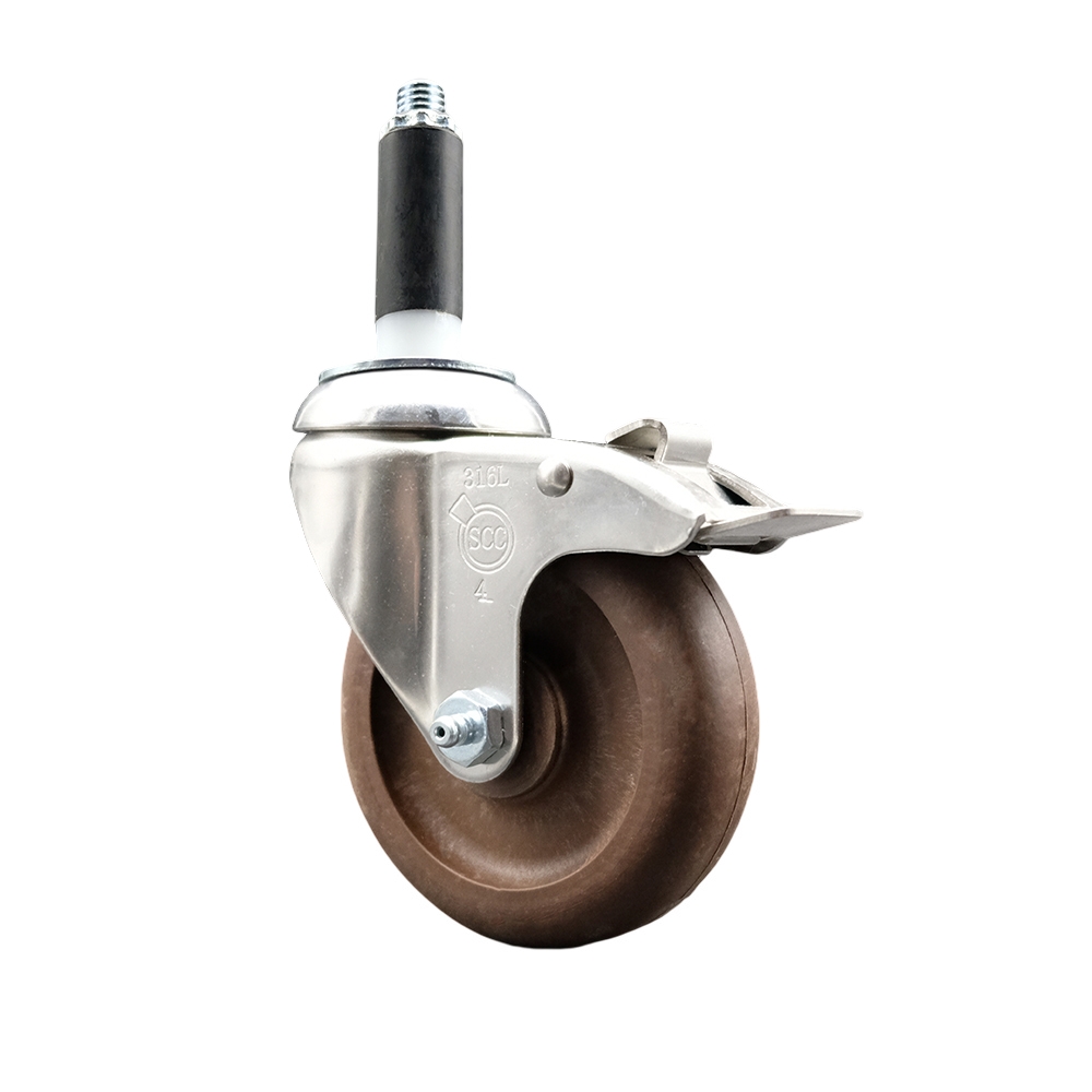 High Temp Glass Filled Nylon Swivel Stem Caster with 4 Inch Brown Caster Wheel and Total Lock Brake - 3/4" Expanding Stem - 316 Stainless Steel Caster-350 lbs. Capacity Per Caster-Service Caster Brand — photo 1