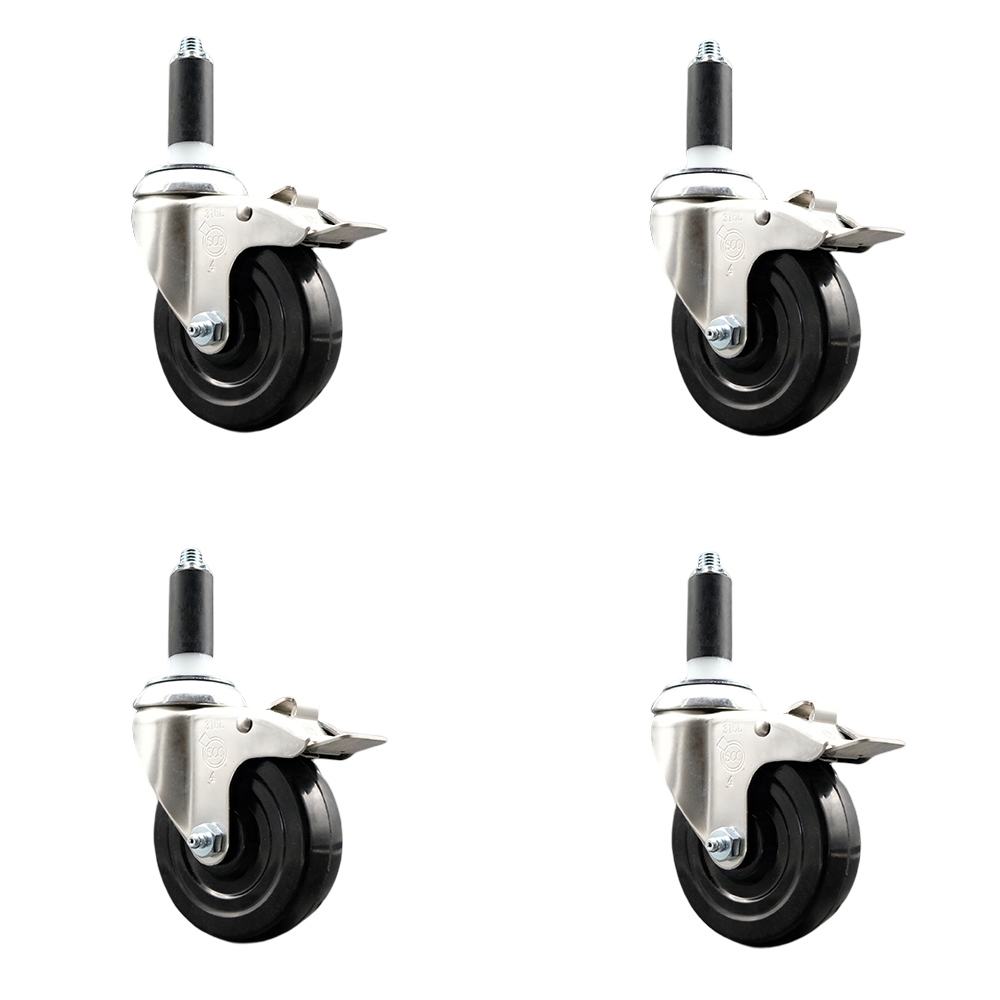 Hard Rubber Swivel Stem Caster Set of 4 with 4 Inch Caster Wheels - 1" Expanding Stems - 316 Stainless Steel Casters - Includes 4 Swivel Casters with Total Lock Brakes - Service Caster Brand — photo 1
