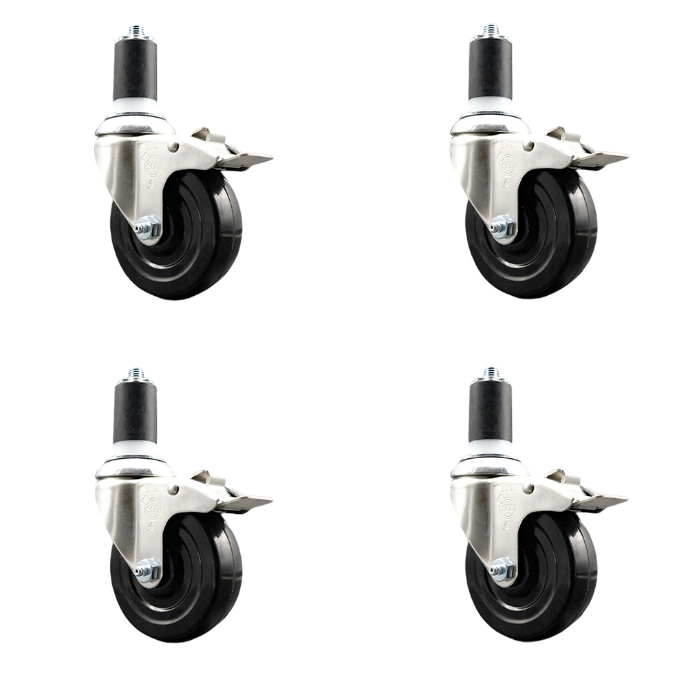 Hard Rubber Swivel Stem Caster Set of 4 with 4 Inch Caster Wheels - 1-1/2" Expanding Stems - 316 Stainless Steel Casters - Includes 4 Swivel Casters with Total Lock Brakes - Service Caster Brand — photo 1
