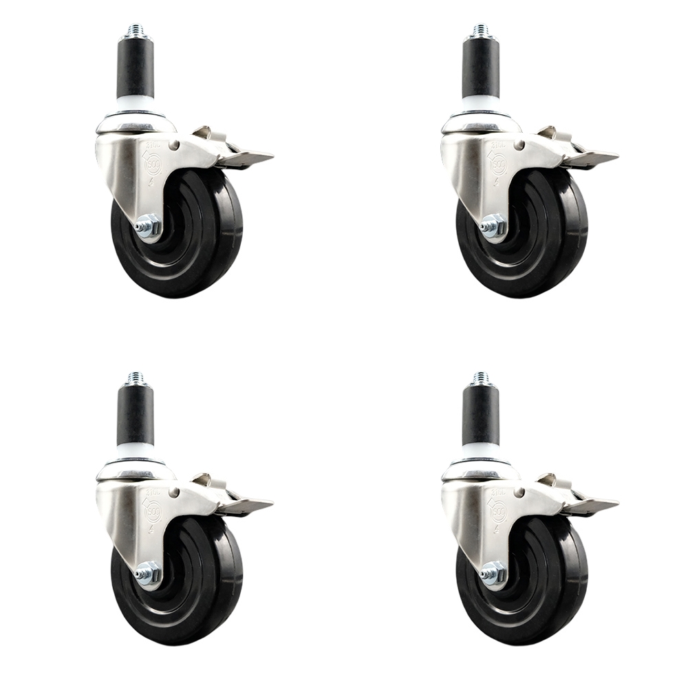 Hard Rubber Swivel Stem Caster Set of 4 with 4 Inch Caster Wheels - 1-1/4" Expanding Stems - 316 Stainless Steel Casters - Includes 4 Swivel Casters with Total Lock Brakes - Service Caster Brand — photo 1