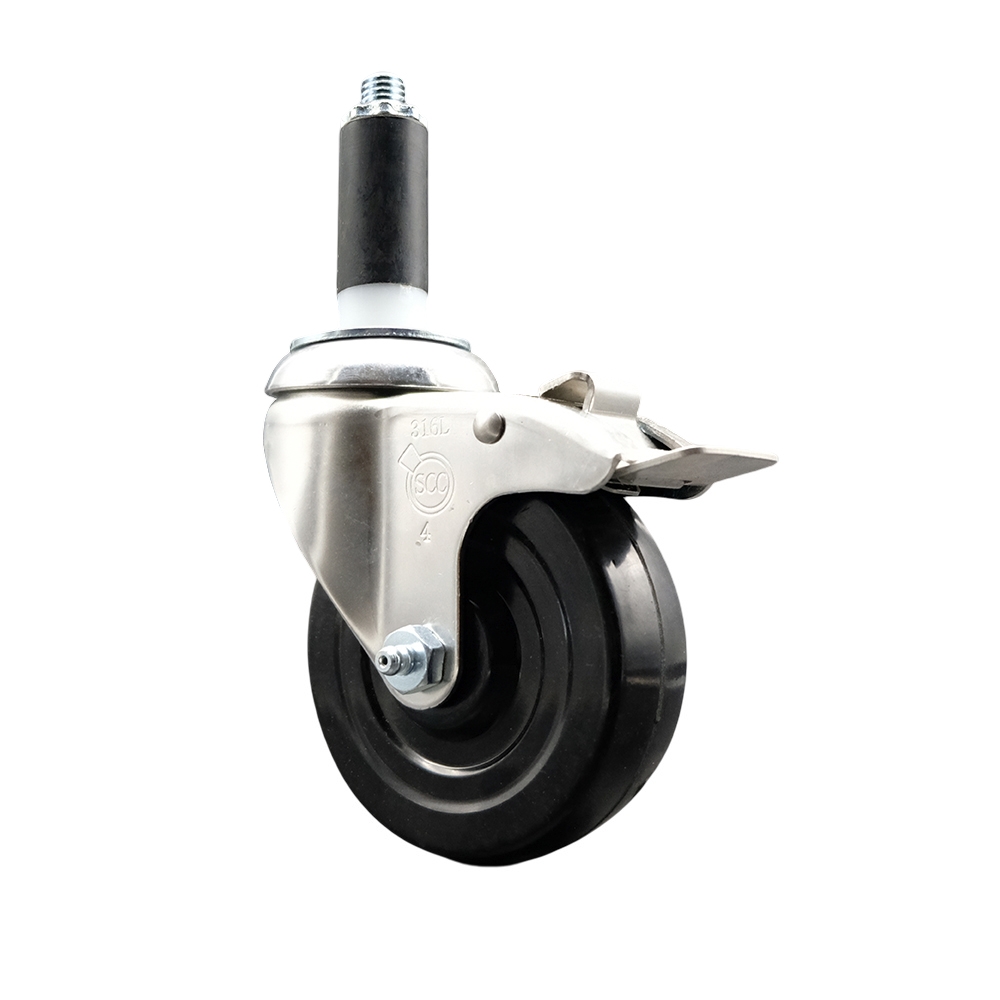 Soft Rubber Swivel Stem Caster with 4 Inch Black Caster Wheel and Total Lock Brake - 1-1/8" Expanding Stem - 316 Stainless Steel Caster - 200 lbs. Capacity Per Caster - Service Caster Brand — photo 1