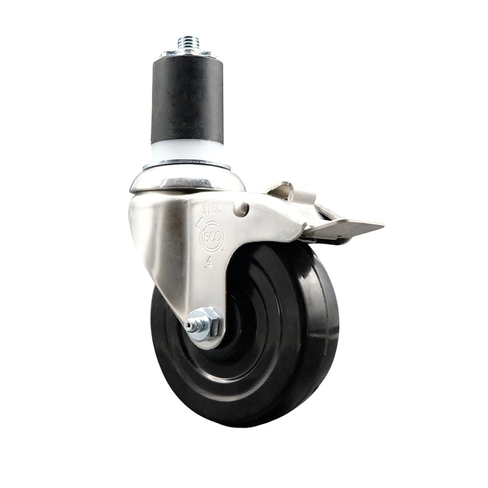 Hard Rubber Swivel Stem Caster with 4 Inch Black Caster Wheel and Total Lock Brake - 1-3/4" Expanding Stem - 316 Stainless Steel Caster - 300 lbs. Capacity Per Caster - Service Caster Brand — photo 1