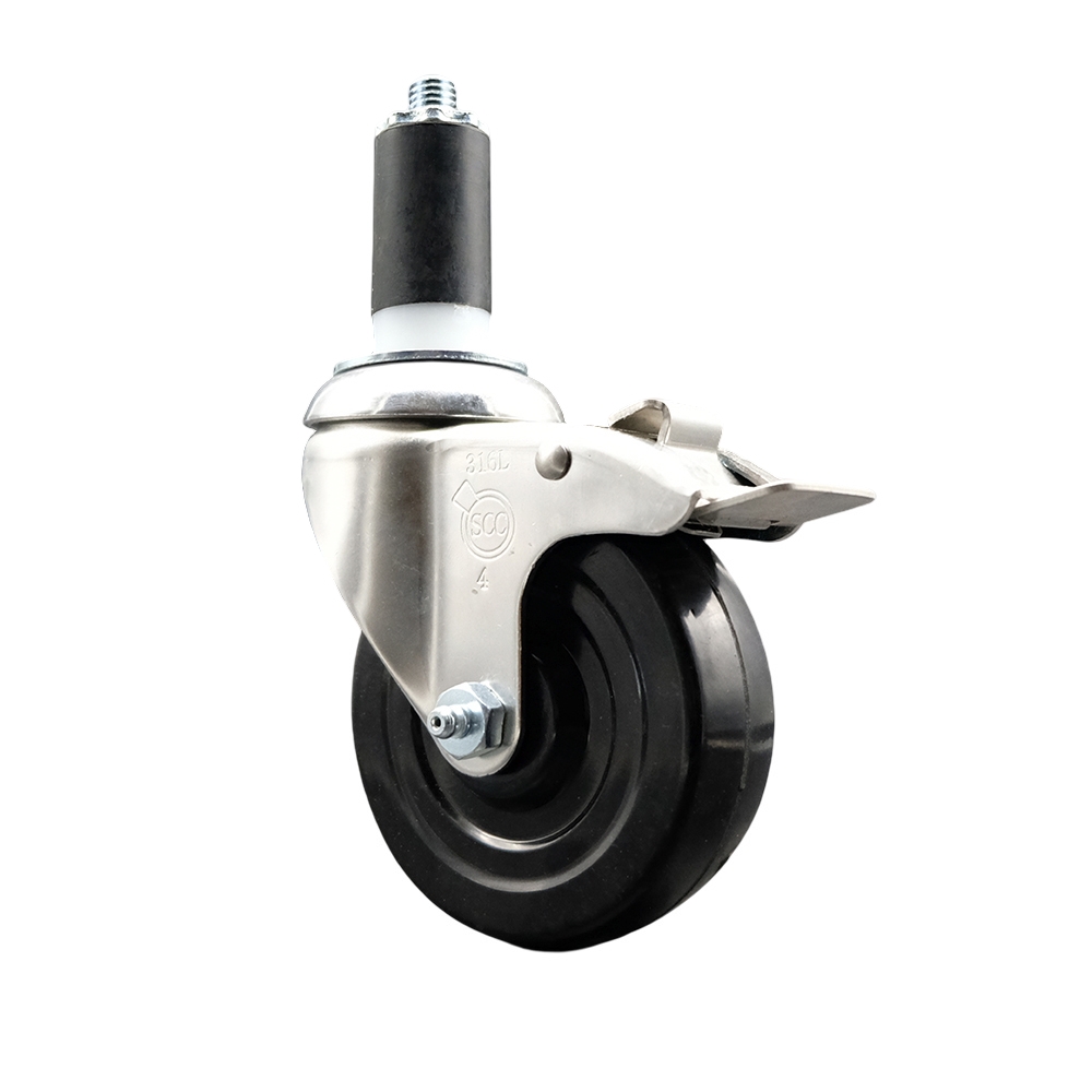 Soft Rubber Swivel Stem Caster with 4 Inch Black Caster Wheel and Total Lock Brake - 1-3/8" Expanding Stem - 316 Stainless Steel Caster - 200 lbs. Capacity Per Caster - Service Caster Brand — photo 1