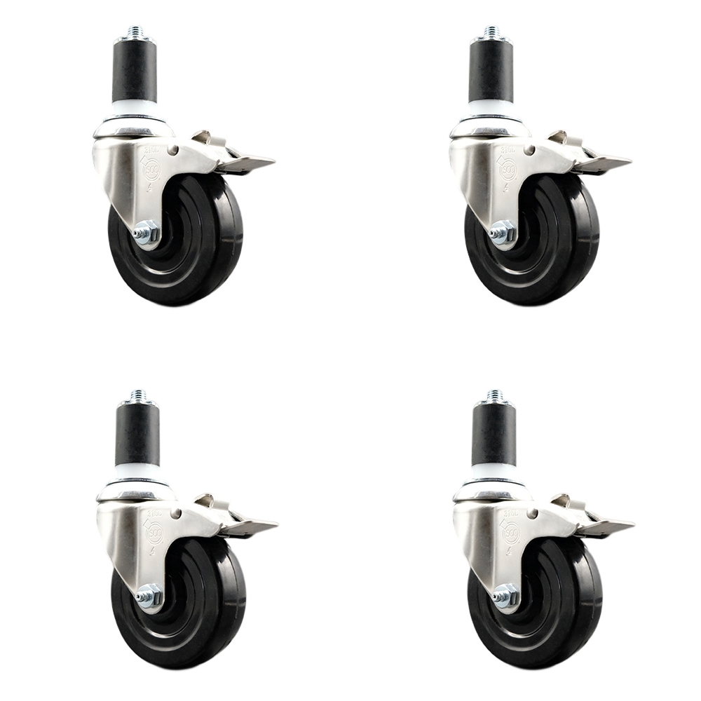 Hard Rubber Swivel Stem Caster Set of 4 with 4 Inch Caster Wheels - 1-5/8" Expanding Stems - 316 Stainless Steel Casters - Includes 4 Swivel Casters with Total Lock Brakes - Service Caster Brand — photo 1