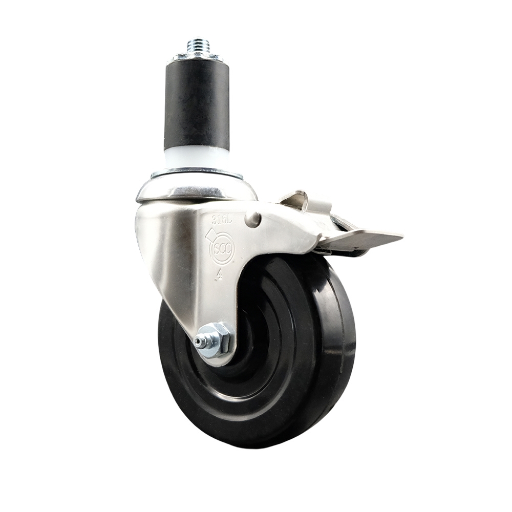 Soft Rubber Swivel Stem Caster with 4 Inch Black Caster Wheel and Total Lock Brake - 1-5/8" Expanding Stem - 316 Stainless Steel Caster - 200 lbs. Capacity Per Caster - Service Caster Brand — photo 1