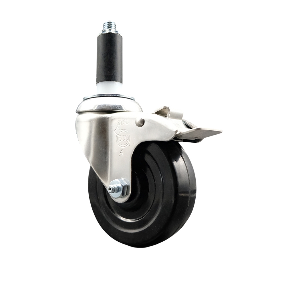 Hard Rubber Swivel Stem Caster with 4 Inch Black Caster Wheel and Total Lock Brake - 1" Expanding Stem - 316 Stainless Steel Caster - 300 lbs. Capacity Per Caster - Service Caster Brand — photo 1