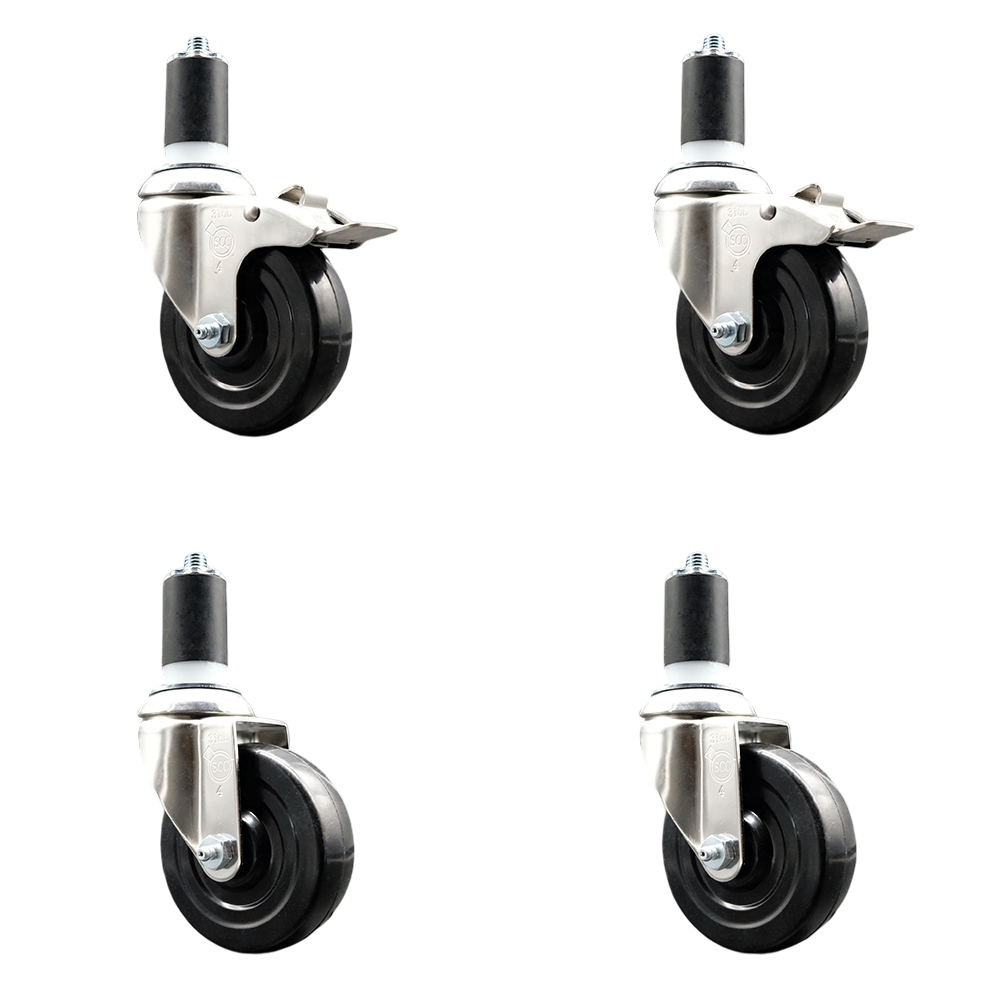 Soft Rubber Swivel Stem Caster Set of 4 with 4 Inch Caster Wheels - 1-1/2" Expanding Stem - 316 Stainless Steel Casters - Includes 2 Swivel with Total Lock Brakes and 2 Swivel - Service Caster Brand — photo 1