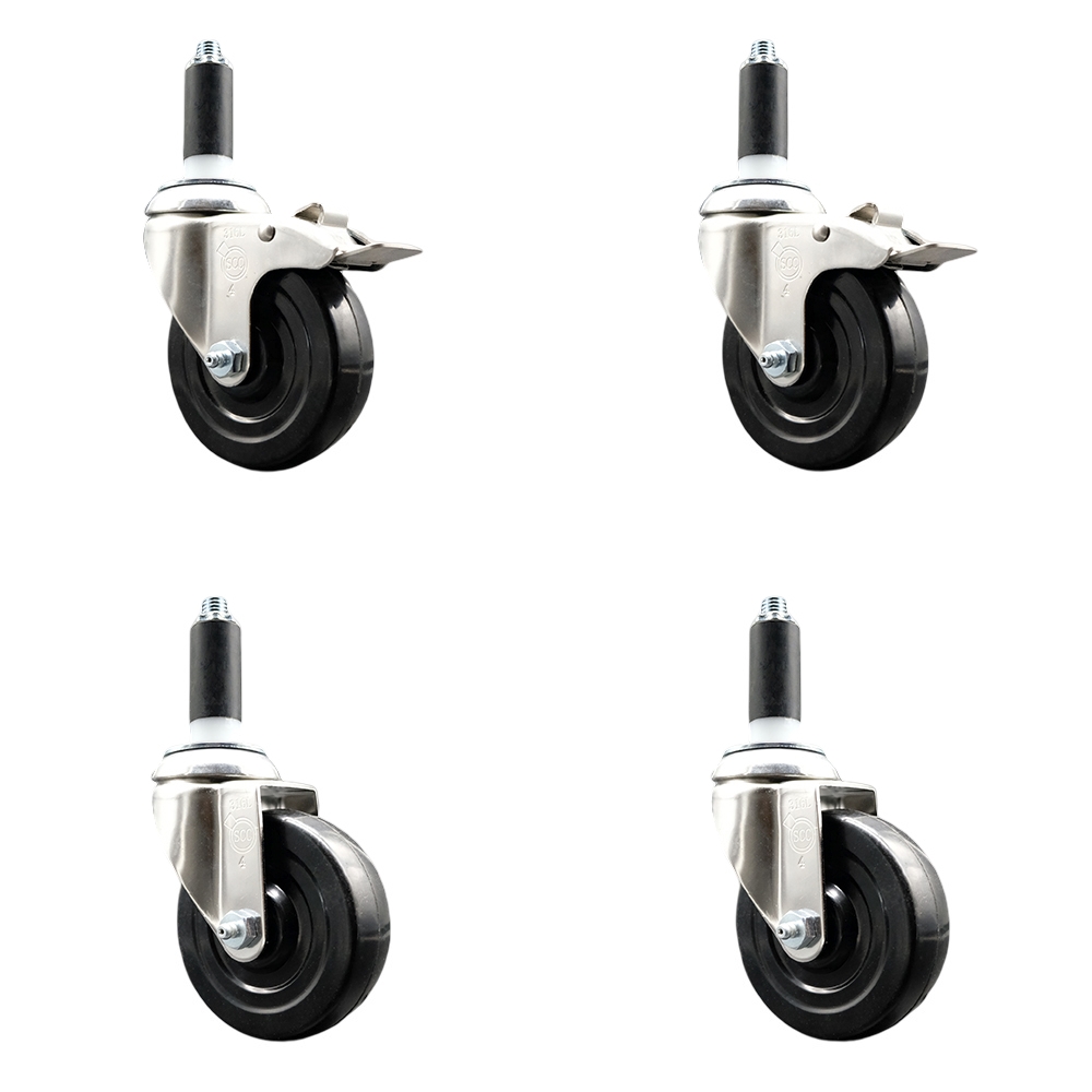 Soft Rubber Swivel Stem Caster Set of 4 with 4 Inch Caster Wheels - 1-1/8" Expanding Stem - 316 Stainless Steel Casters - Includes 2 Swivel with Total Lock Brakes and 2 Swivel - Service Caster Brand — photo 1