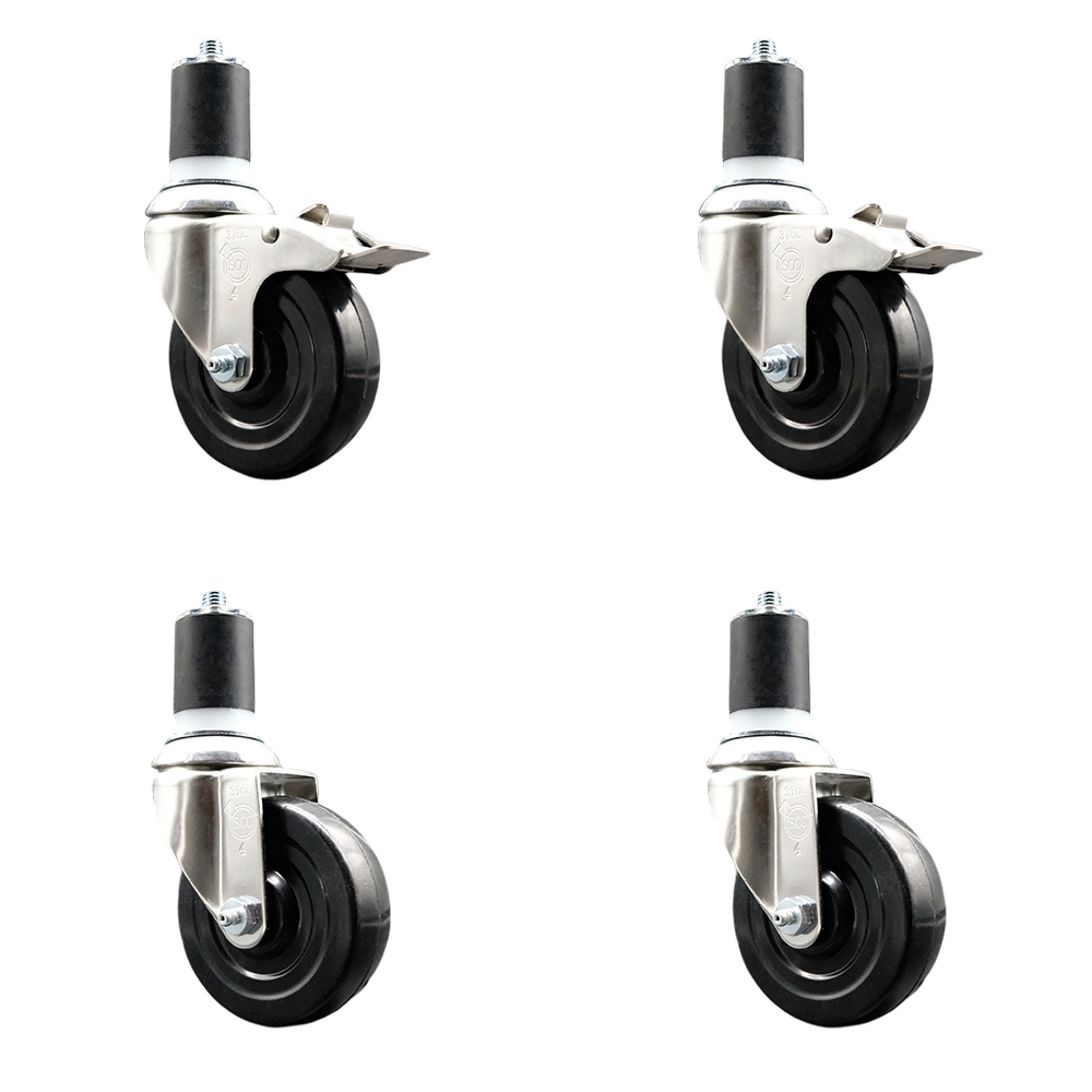 Soft Rubber Swivel Stem Caster Set of 4 with 4 Inch Caster Wheels - 1-3/4" Expanding Stem - 316 Stainless Steel Casters - Includes 2 Swivel with Total Lock Brakes and 2 Swivel - Service Caster Brand — photo 1