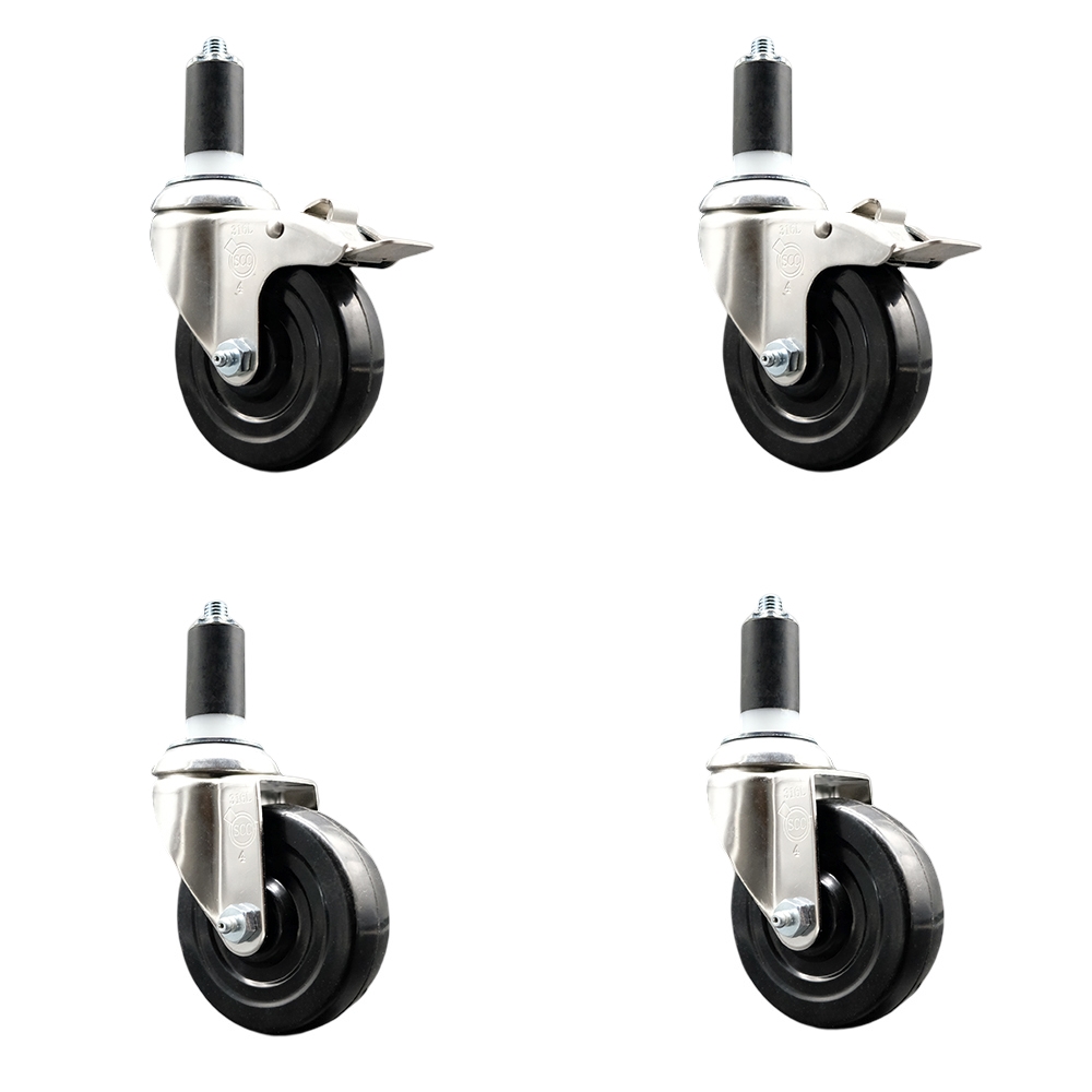 Soft Rubber Swivel Stem Caster Set of 4 with 4 Inch Caster Wheels - 1-3/8" Expanding Stem - 316 Stainless Steel Casters - Includes 2 Swivel with Total Lock Brakes and 2 Swivel - Service Caster Brand — photo 1