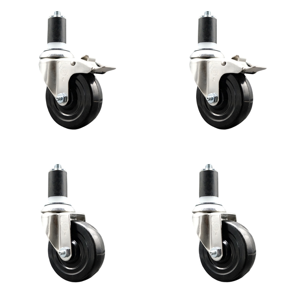 Hard Rubber Swivel Stem Caster Set of 4 with 4 Inch Caster Wheels - 1-5/8" Expanding Stem - 316 Stainless Steel Casters - Includes 2 Swivel with Total Lock Brakes and 2 Swivel - Service Caster Brand — photo 1