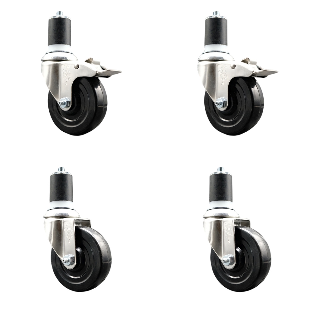 Soft Rubber Swivel Stem Caster Set of 4 with 4 Inch Caster Wheels - 1-7/8" Expanding Stem - 316 Stainless Steel Casters - Includes 2 Swivel with Total Lock Brakes and 2 Swivel - Service Caster Brand — photo 1