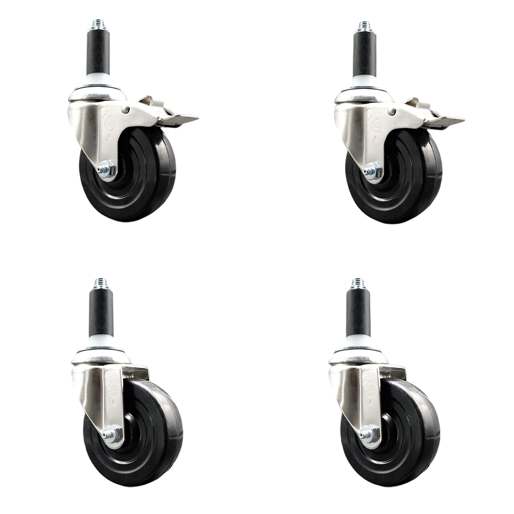 Hard Rubber Swivel Stem Caster Set of 4 with 4 Inch Caster Wheels - 1" Expanding Stem - 316 Stainless Steel Casters - Includes 2 Swivel with Total Lock Brakes and 2 Swivel - Service Caster Brand — photo 1