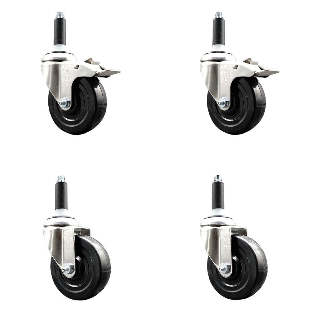 Soft Rubber Swivel Stem Caster Set of 4 with 4 Inch Caster Wheels - 3/4" Expanding Stem - 316 Stainless Steel Casters - Includes 2 Swivel with Total Lock Brakes and 2 Swivel - Service Caster Brand — photo 1